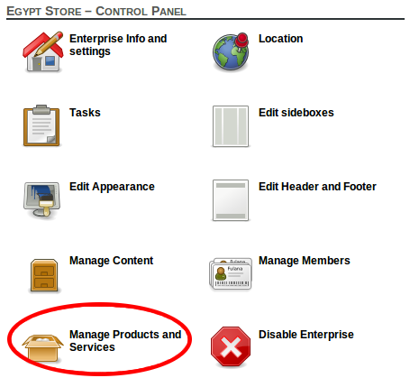 Control panel with manage products Control panel with manage products